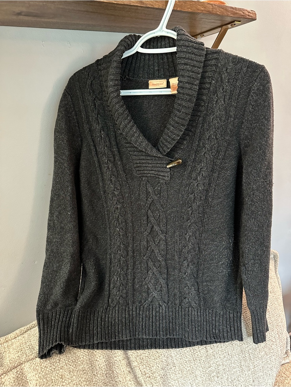 Vintage Northcrest Charcoal Cable-Knit Shawl-Collar Sweater